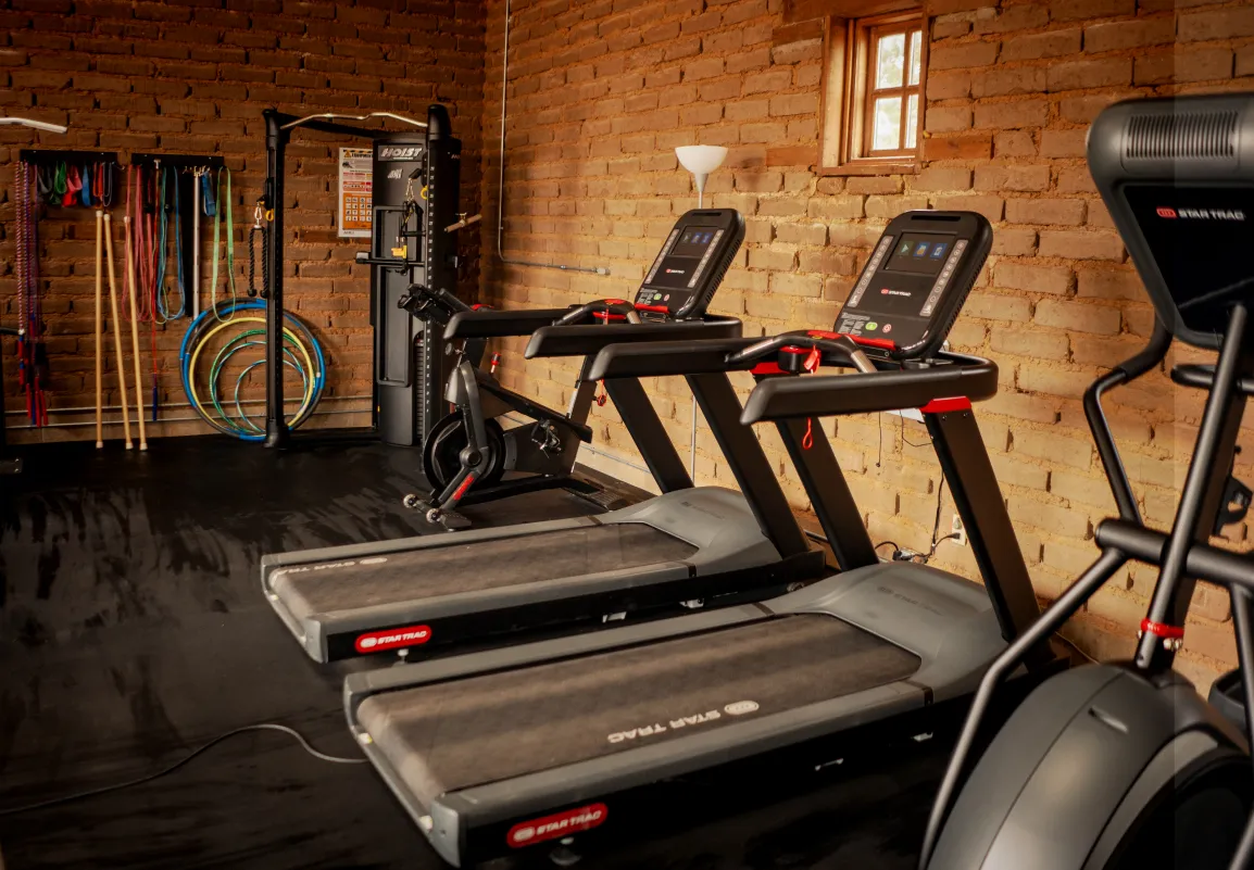 A home gym featuring multiple treadmills, exercise equipment, and colorful fitness accessories against a brick wall.