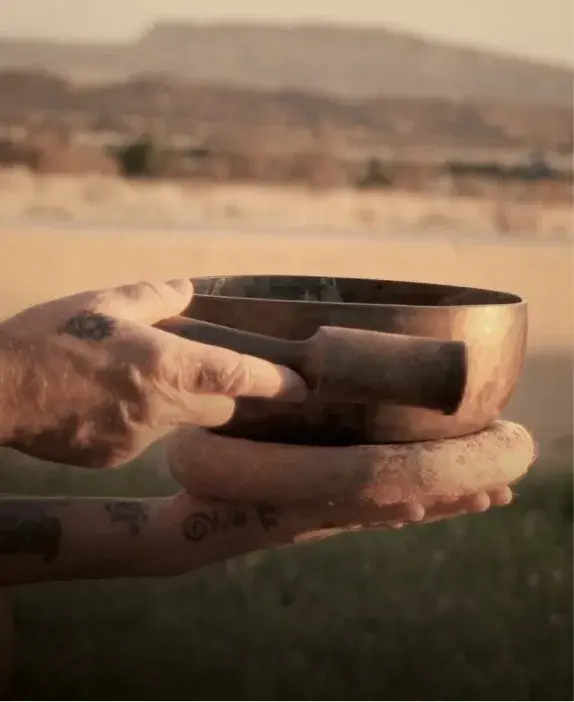 A hand holds a singing bowl and mallet, resting on a stone, with a serene landscape in the background.